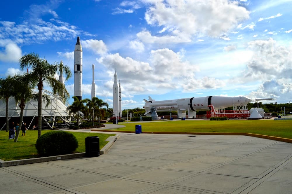 Rocket Garden at Kennedy Space Center with historic rockets on display